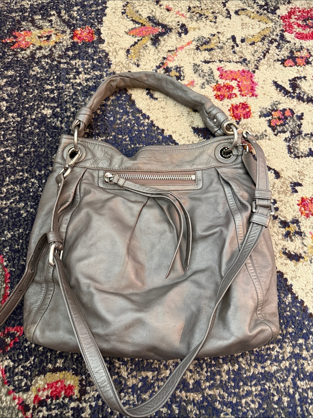 COACH Metallic Gray Leather Shoulder Bag